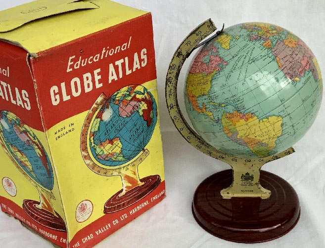 circa 1950's boxed tinplate globe toy by Chad Valley